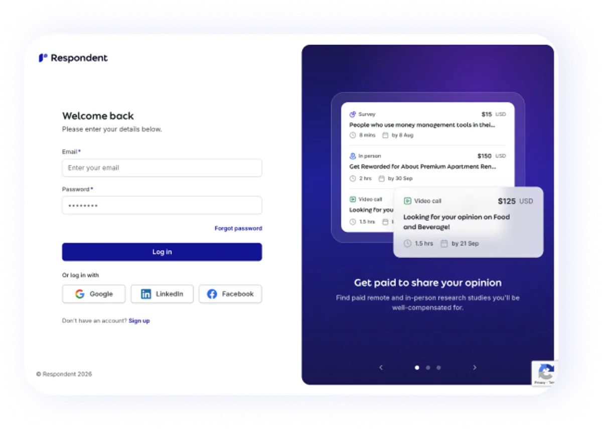 Respondent participant dashboard with featured paid research studies
