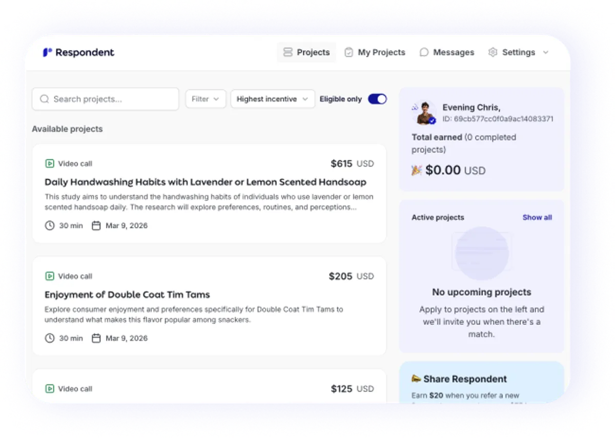 Respondent participant dashboard sorting paid research studies by highest incentive