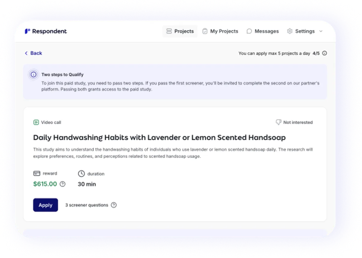 Respondent paid research study page showing qualification steps