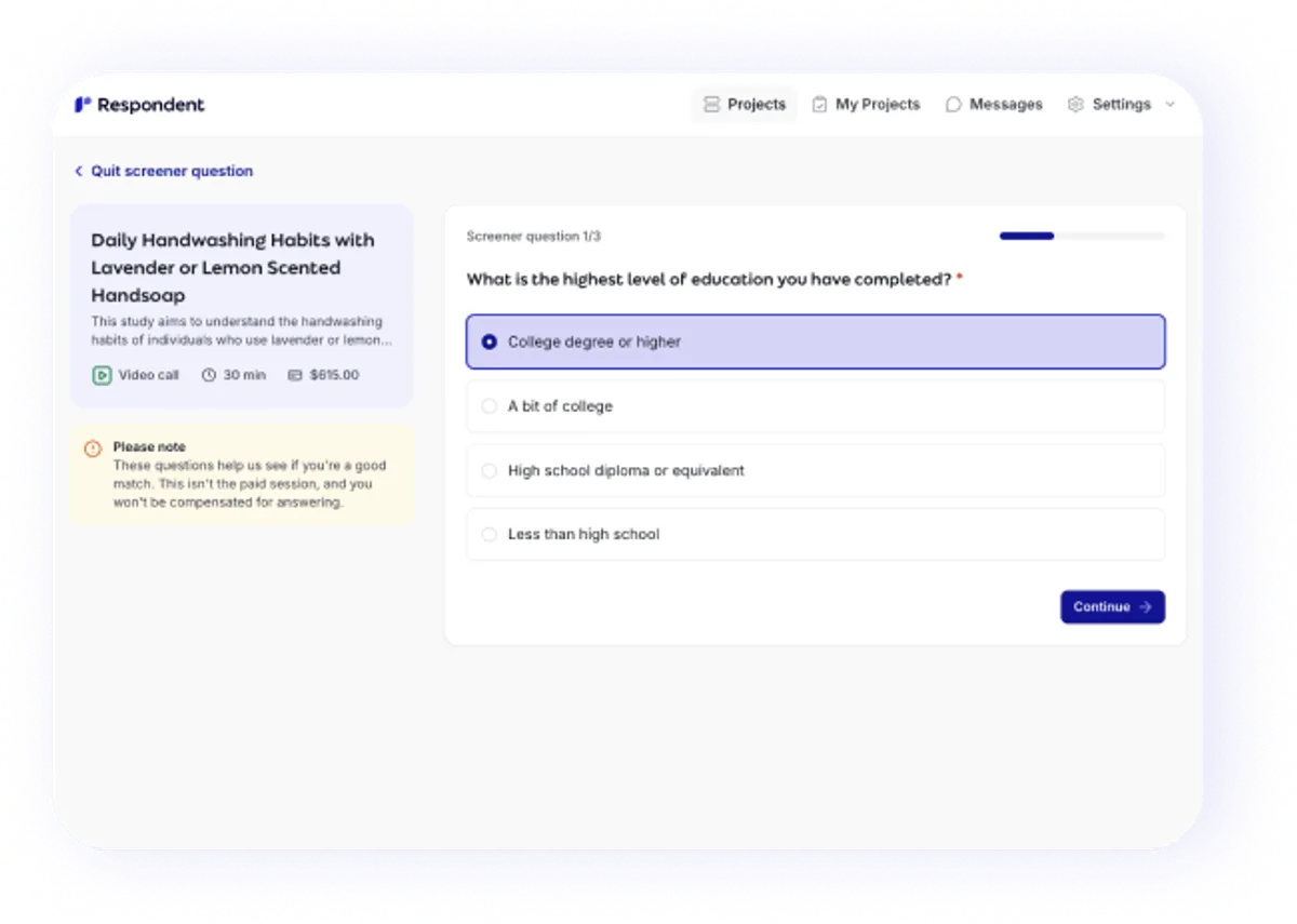 Respondent study application screener flow