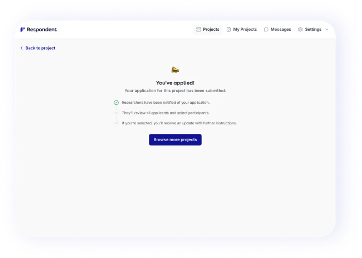 Respondent study application submitted confirmation screen