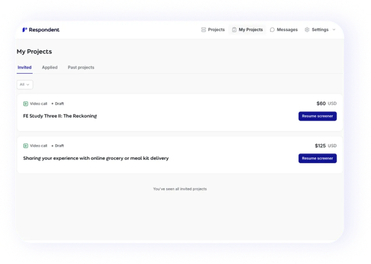 Respondent participant dashboard showing invited study applications