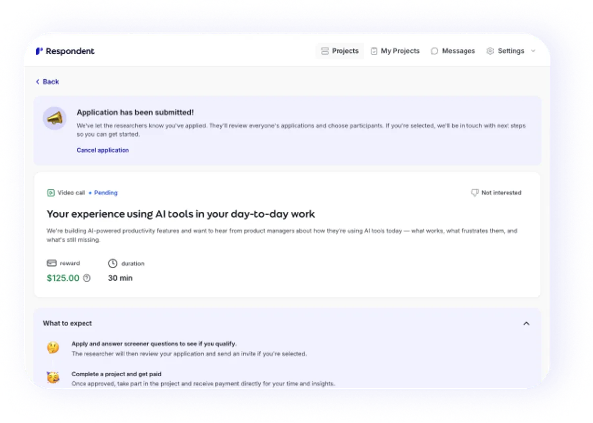 Respondent participant dashboard showing study application status