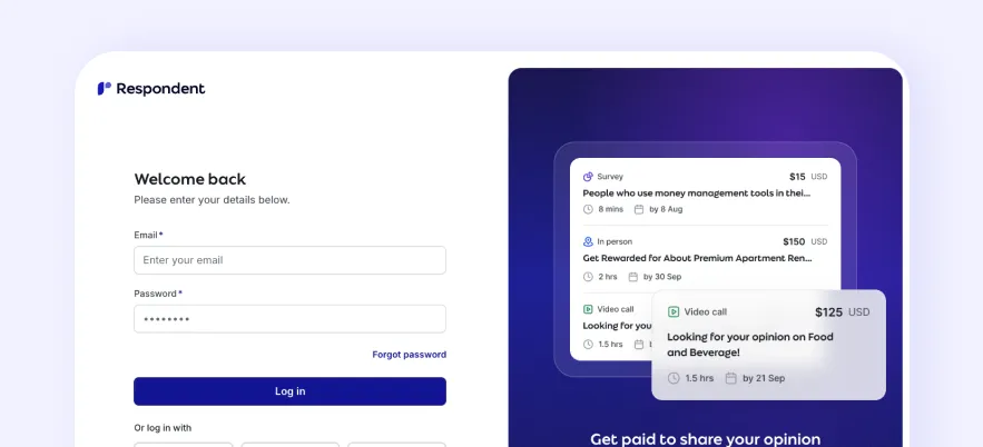 Respondent participant dashboard with featured paid research studies