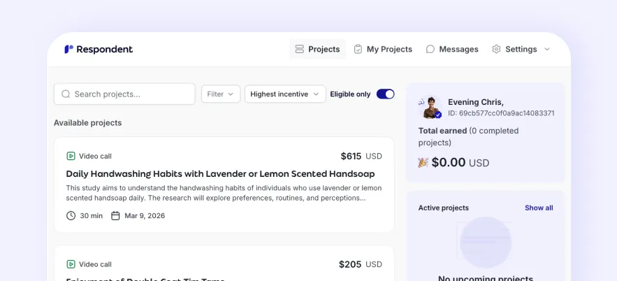 Respondent participant dashboard with paid research studies sorted by highest incentive and earnings visibility
