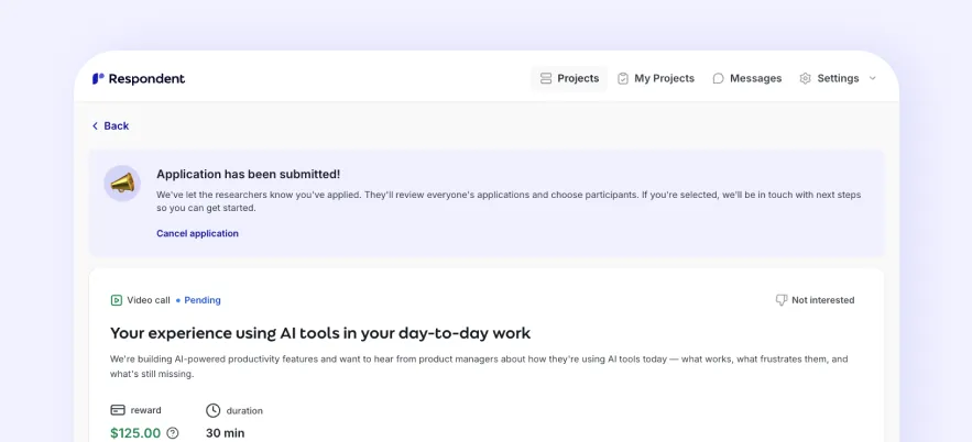 Respondent participant dashboard showing study application status