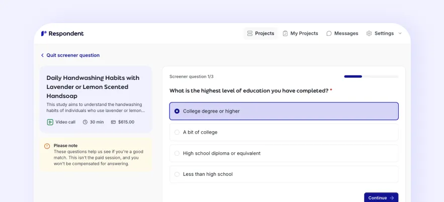 Respondent study application screener flow on the new participant platform