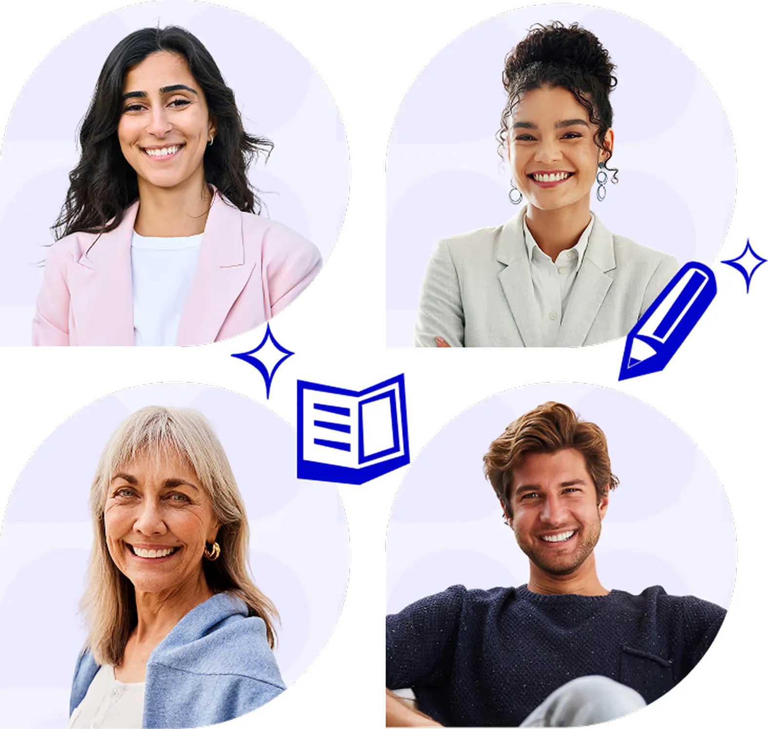 A collage of research participants with editorial notebook and pencil illustrations.