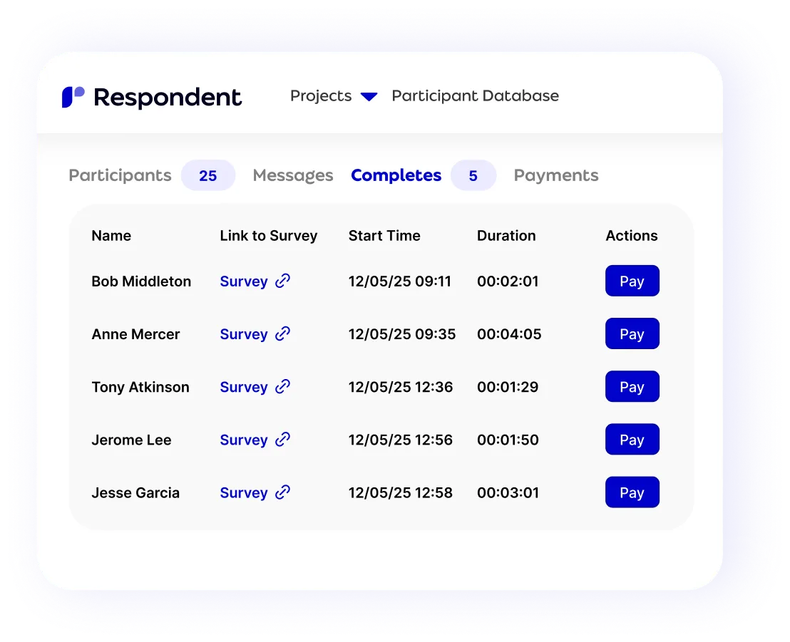 Respondent survey project screen