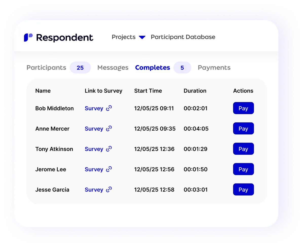 Respondent survey project setup screen