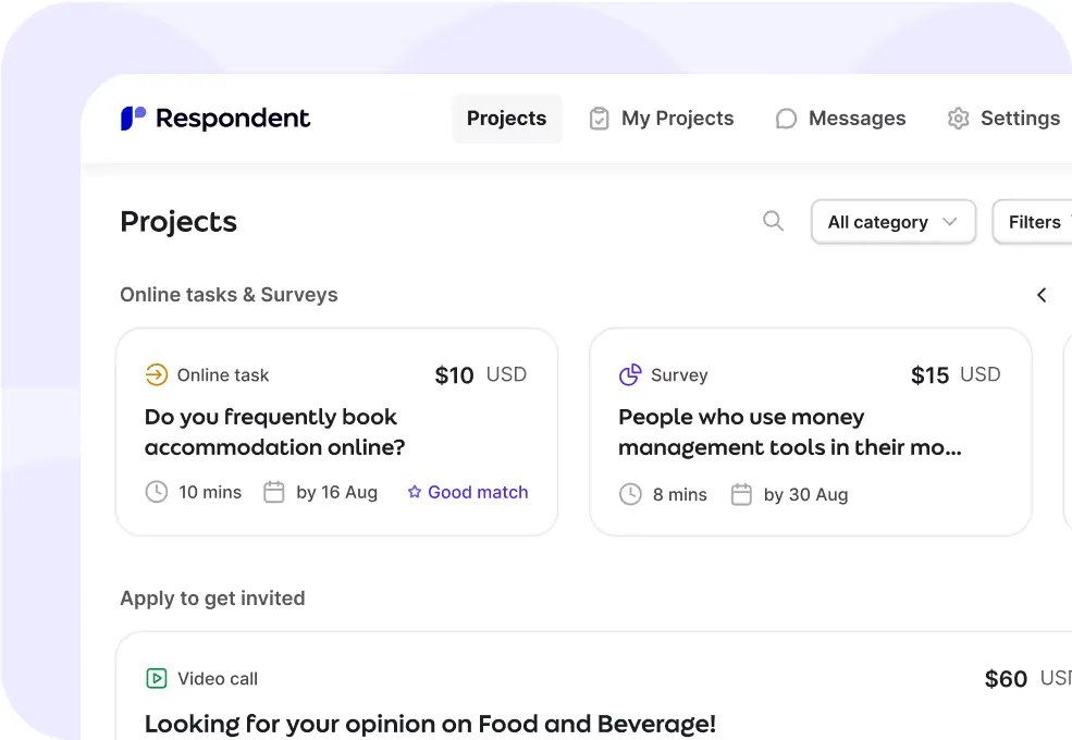 Respondent platform — browse and apply to paid research studies