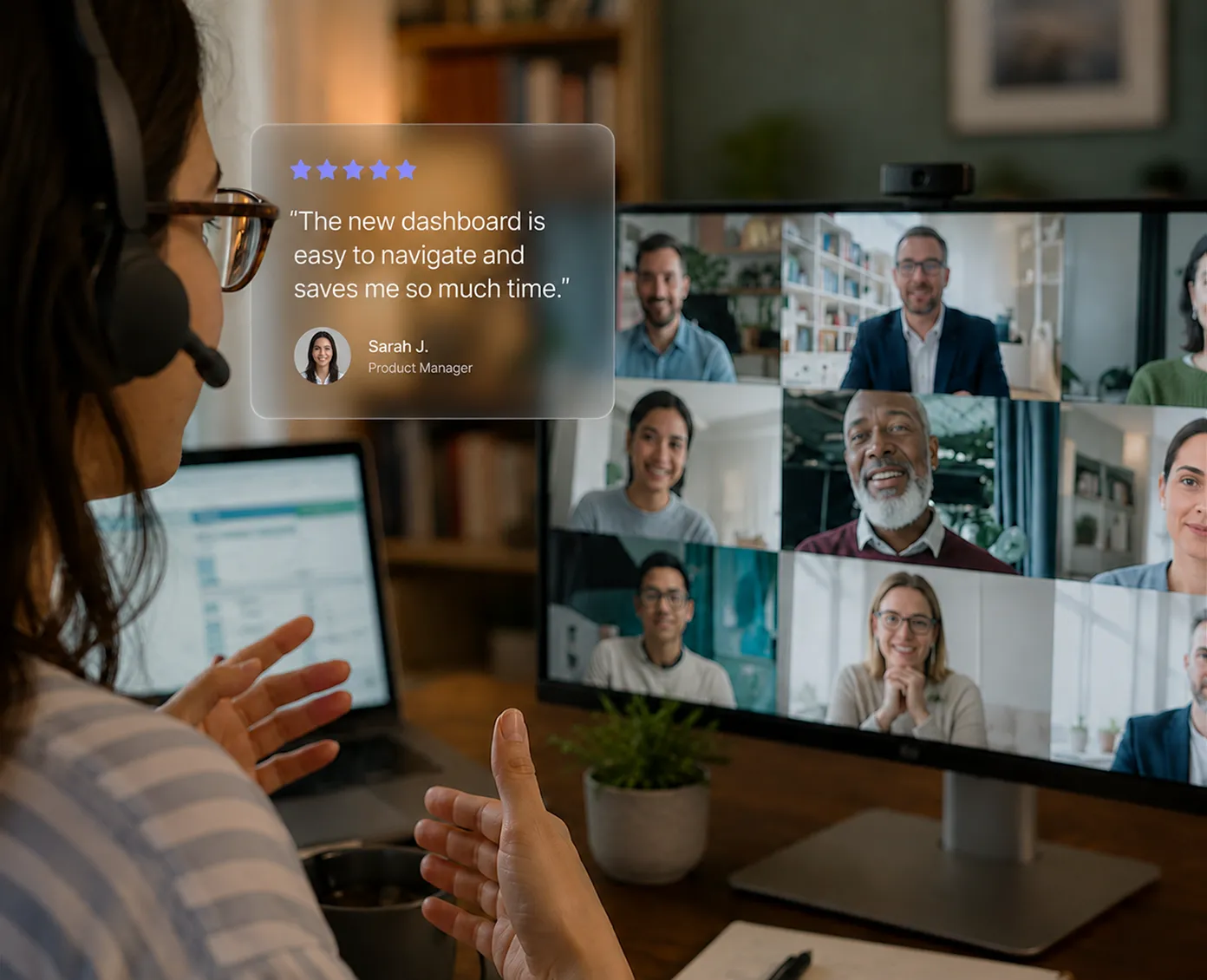 A researcher running a remote user interview over video