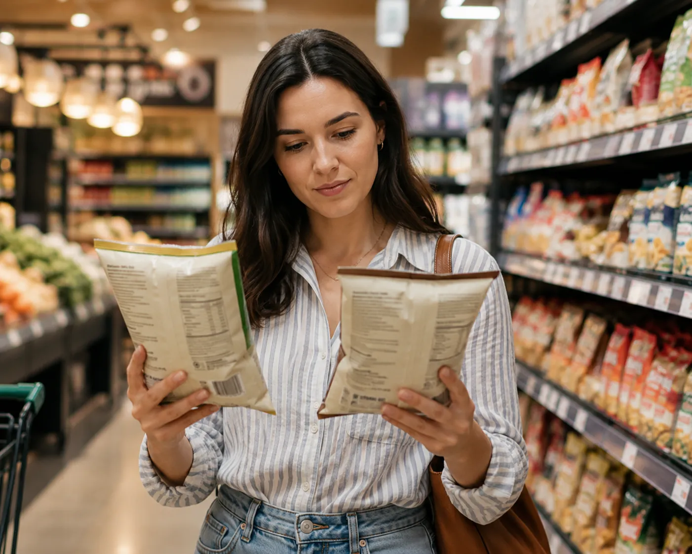 A shopper in a supermarket aisle comparing the labels on two packages