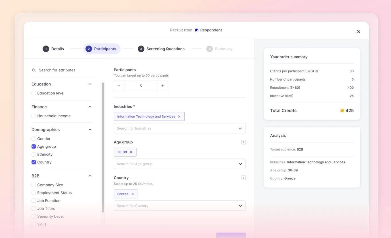 Respondent's recruit-participants panel: audience filters, participant count, and a live credit order summary
