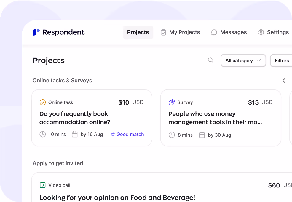 Respondent platform — browse and apply to paid research studies