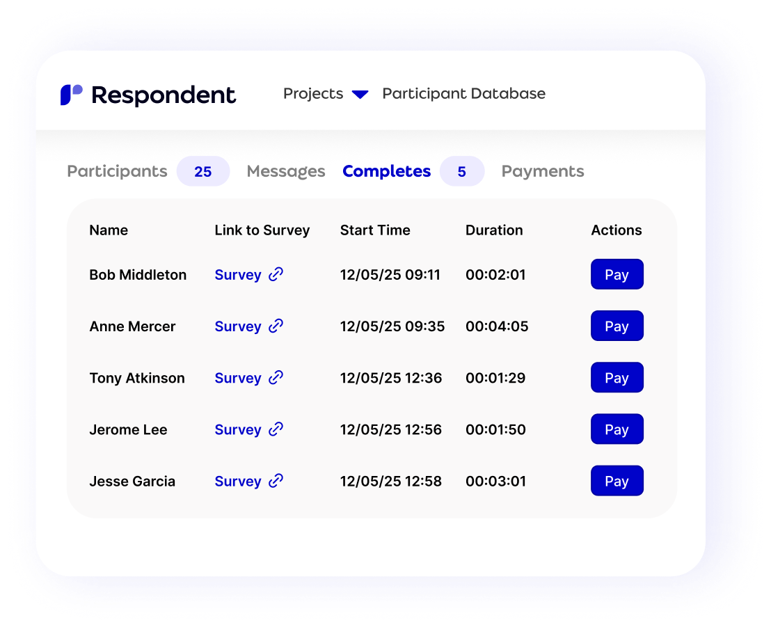 Respondent survey project setup screen