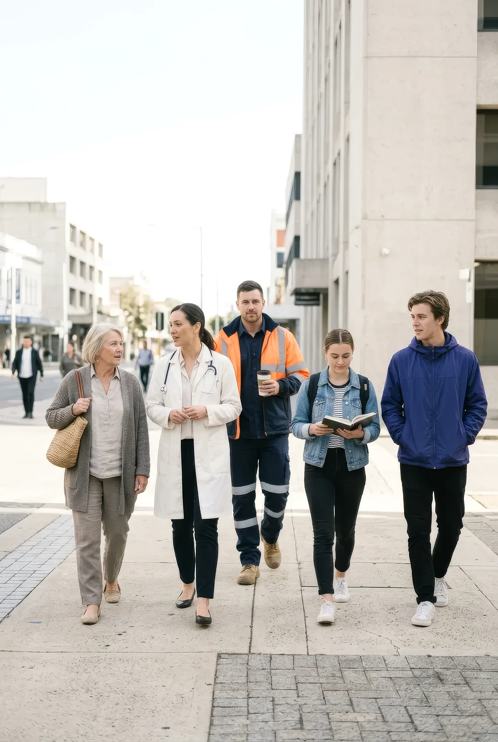 People from many walks of life walking along a city pavement, a physician in front