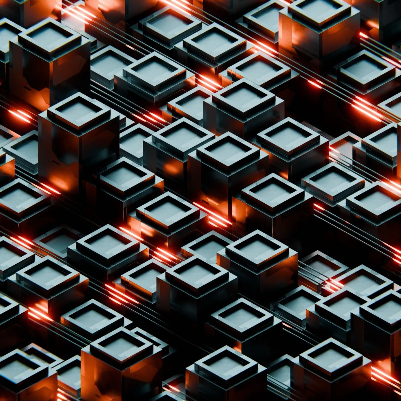 Rows of dark metal cubes on a grid, orange light glowing in the seams between them.