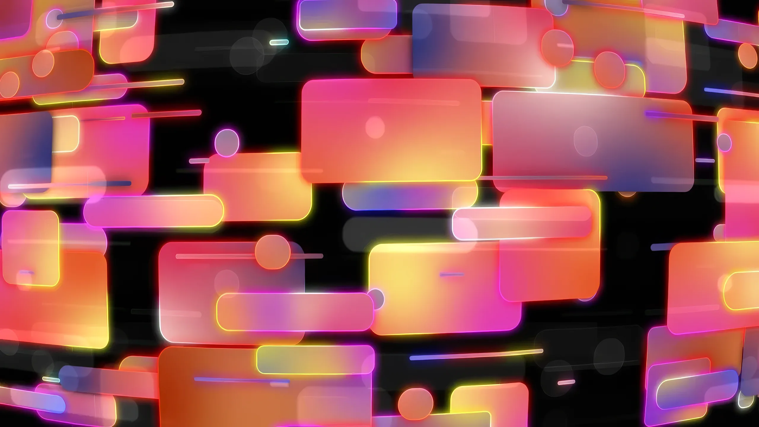 Rounded glass panels in pink, orange and violet, glowing and blurred against black.